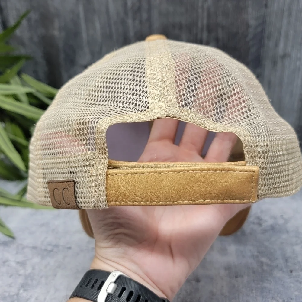 C&C | Tan Faux Leather Mesh Back Adjustable Trucker Cap Hat Neutral Casual